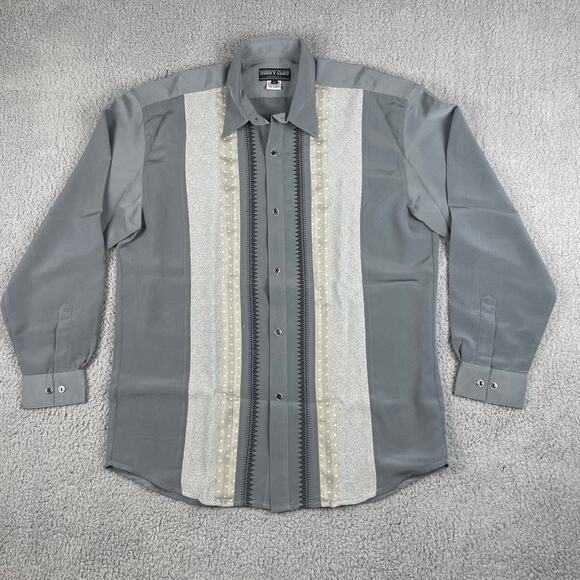 Husky Club Men's XL Gray Patterned Polyester Rayon Long Sleeve Button Up Shirt - Picture 1 of 16